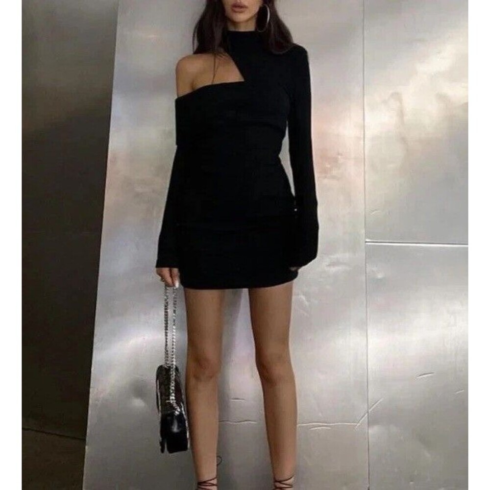Commense Chic Mock Neck Oblique Cutout Rib Long Sleeve Short Dress Size M NWT